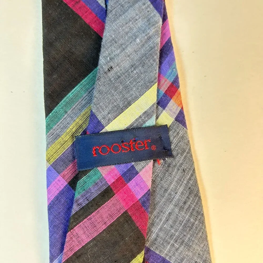 Rooster Men's Multicolor Cotton Madras Plaid Vintage Tie